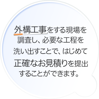 外構工事をする現場を調査し、必要な工程を洗い出すことで、はじめて正確なお見積を提出することができます。